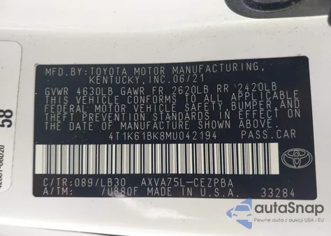 2021 Toyota Camry Xse Awd из США, поврежденный, VIN 4T1K61BK8MU042194